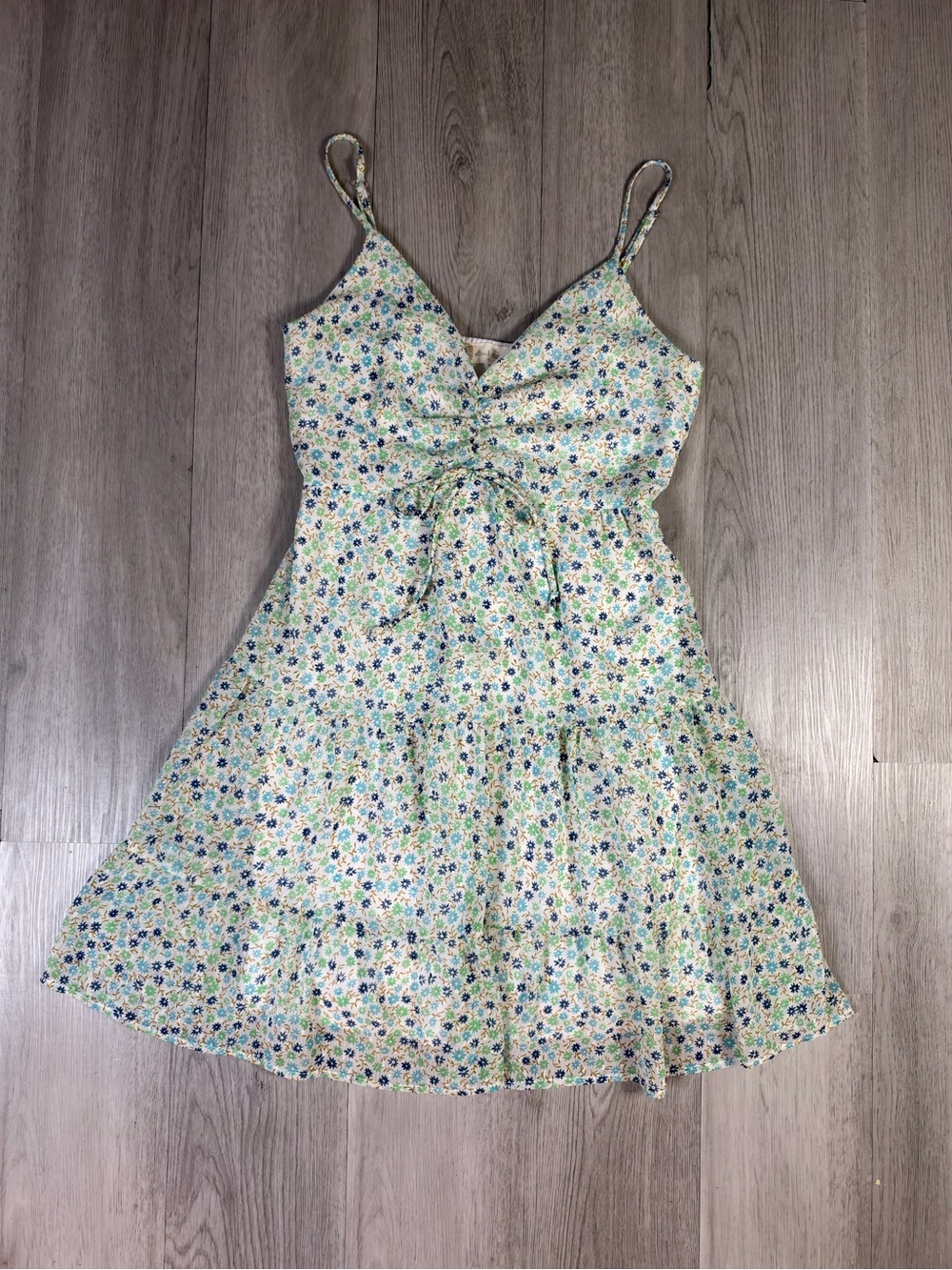 Altar'd State Blue Green Floral Chiffon V-Neck Spaghetti Strap Lined Sundress S.